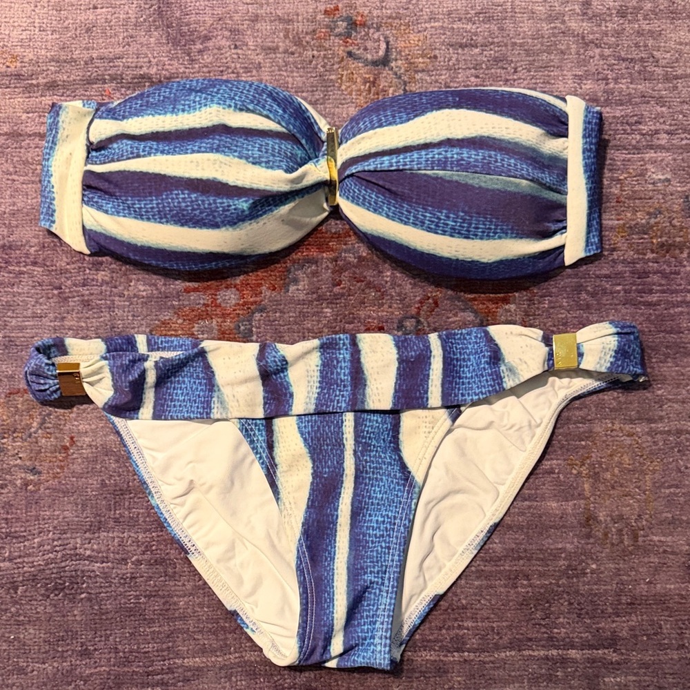 Striped Blue & White Bandeau Bikini Set - Women Swim